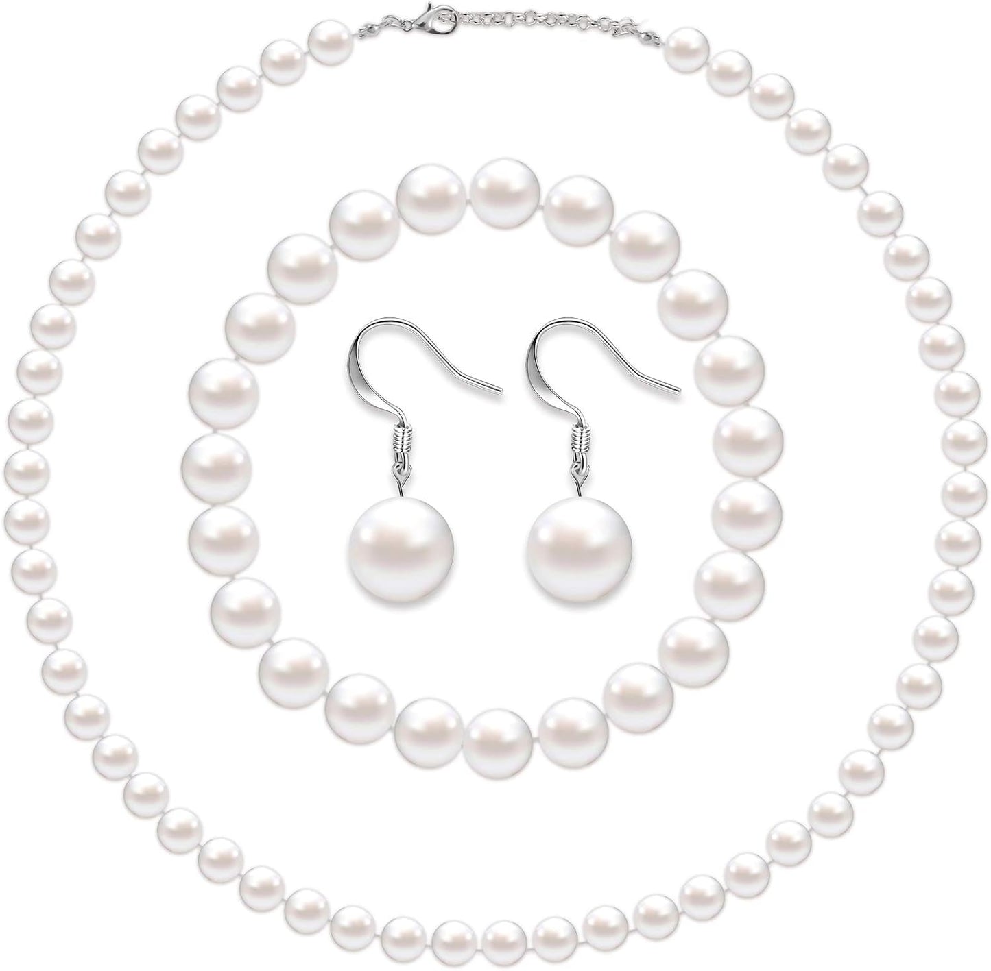 4 Pcs 1920s Faux Pearl Costume Jewelry Set for Women Halloween Simulated Necklace Bracelet Earrings for Wedding