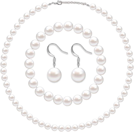 4 Pcs 1920s Faux Pearl Costume Jewelry Set for Women Halloween Simulated Necklace Bracelet Earrings for Wedding