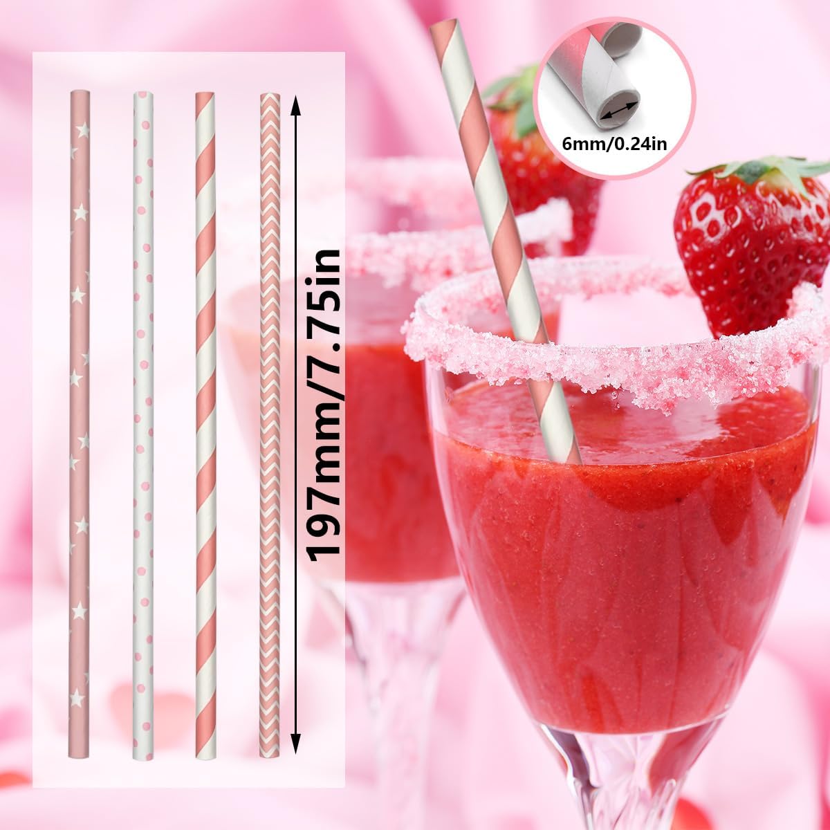200 Biodegradable Pink Paper Straws, Party Straws for Juice, Cocktail, Smoothies, Wedding, Birthday, Bridal/Baby Shower and Christmas Decorations Valentine's Day Holiday Celebrations