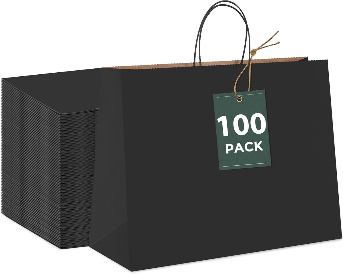 GSSUSA Black Large Gift Bags 16x6x12 100Pcs Sturdy Shopping Bags,Party,Merchandise, Kraft, Retail, Black Paper with Handles