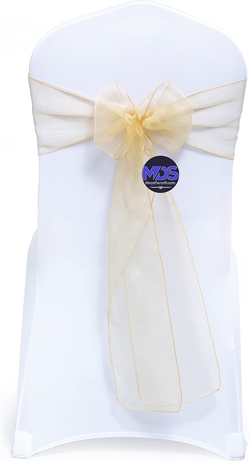 MDS Pack of 150 PCS Organza Chair Sashes Wider Dining Chair Bows Ribbon Tie Back for Wedding Party Birthday Bridal Shower Reception Event Banquet Home Chair Cover Decoration - Beige