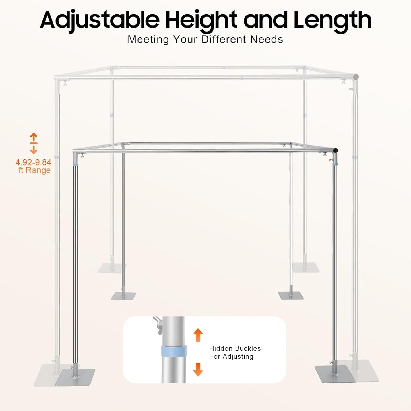 Wedding Backdrop Stand 4 Post,5ft~10 ft Adjustable Wedding Hardware Kit Chuppah Canopy Detachable Metal Background Frame Photo Booth for Party Wedding Ceremony Event