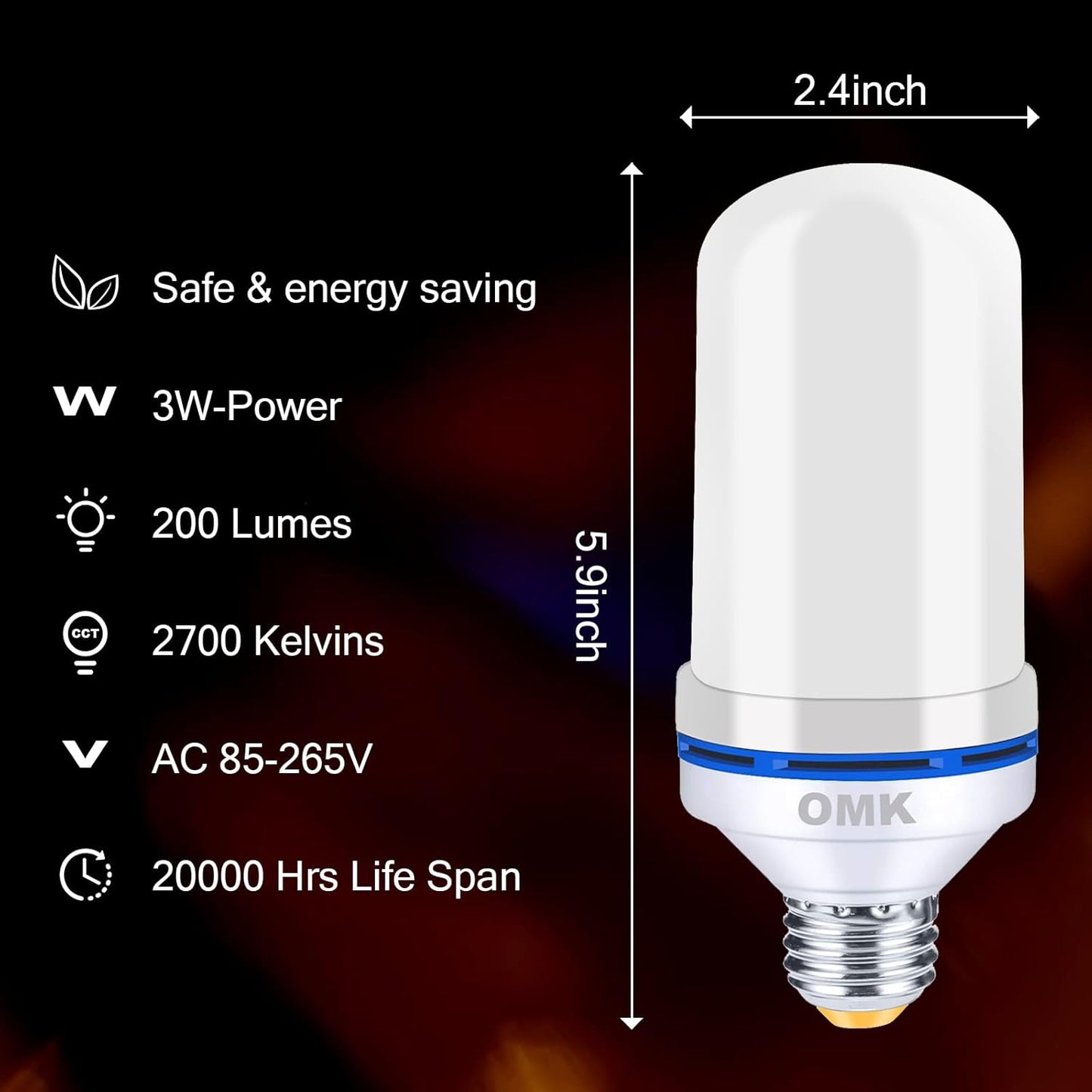 OMK Flame Light Bulb Christmas Decor (4 Pack) Red Color Led Flickering Fire Simulated Lamps 3W Energy Efficient Fire Lights for Indoor Outdoor Holiday Decoration Gifts