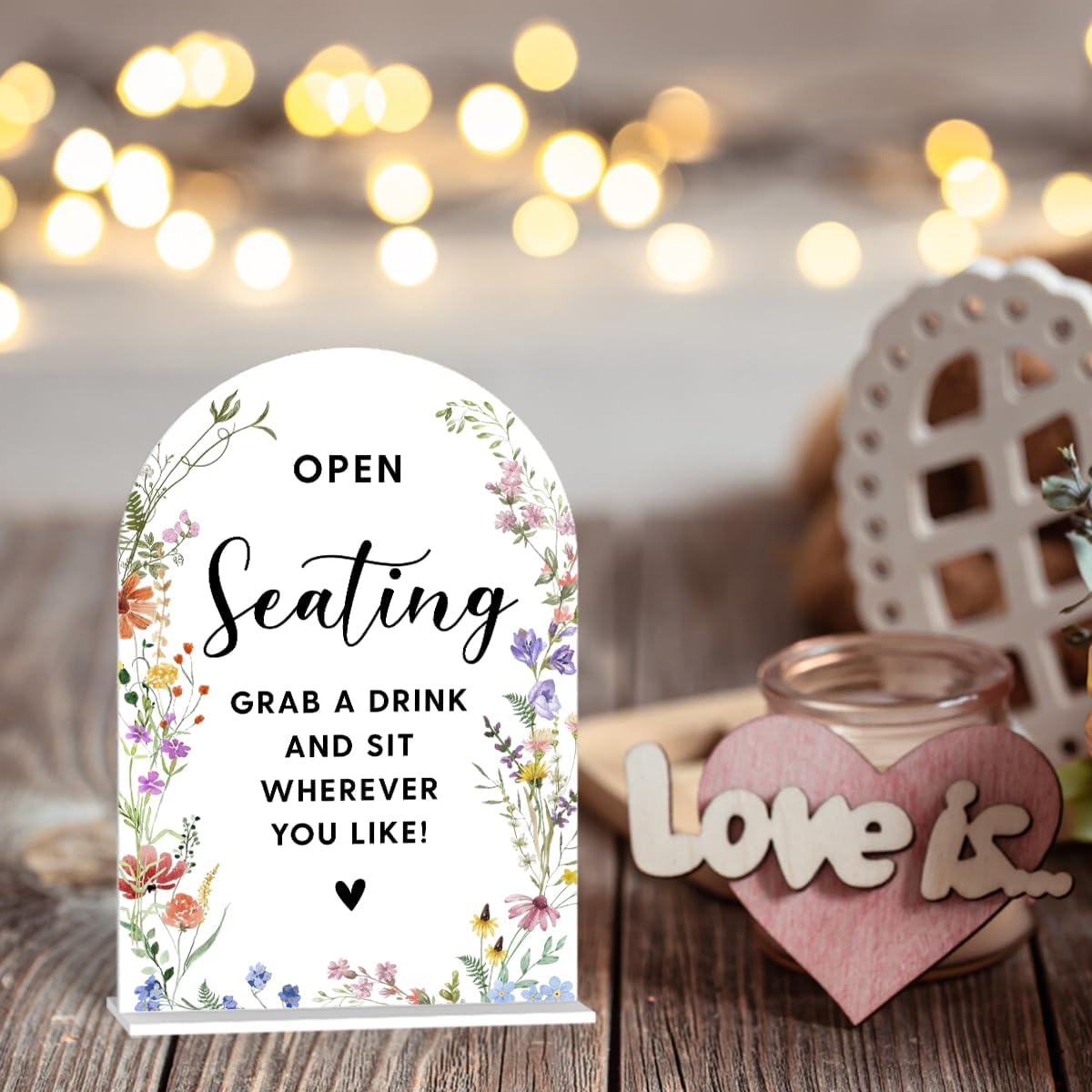 Acrylic Wedding Signs, Open Seating Signs for Marriage Reception, Bridal Shower Decorations, Modern Arched Round Top Acrylic Table Top Sign with Holder for Wedding Party Dinner (White Wildflowers)