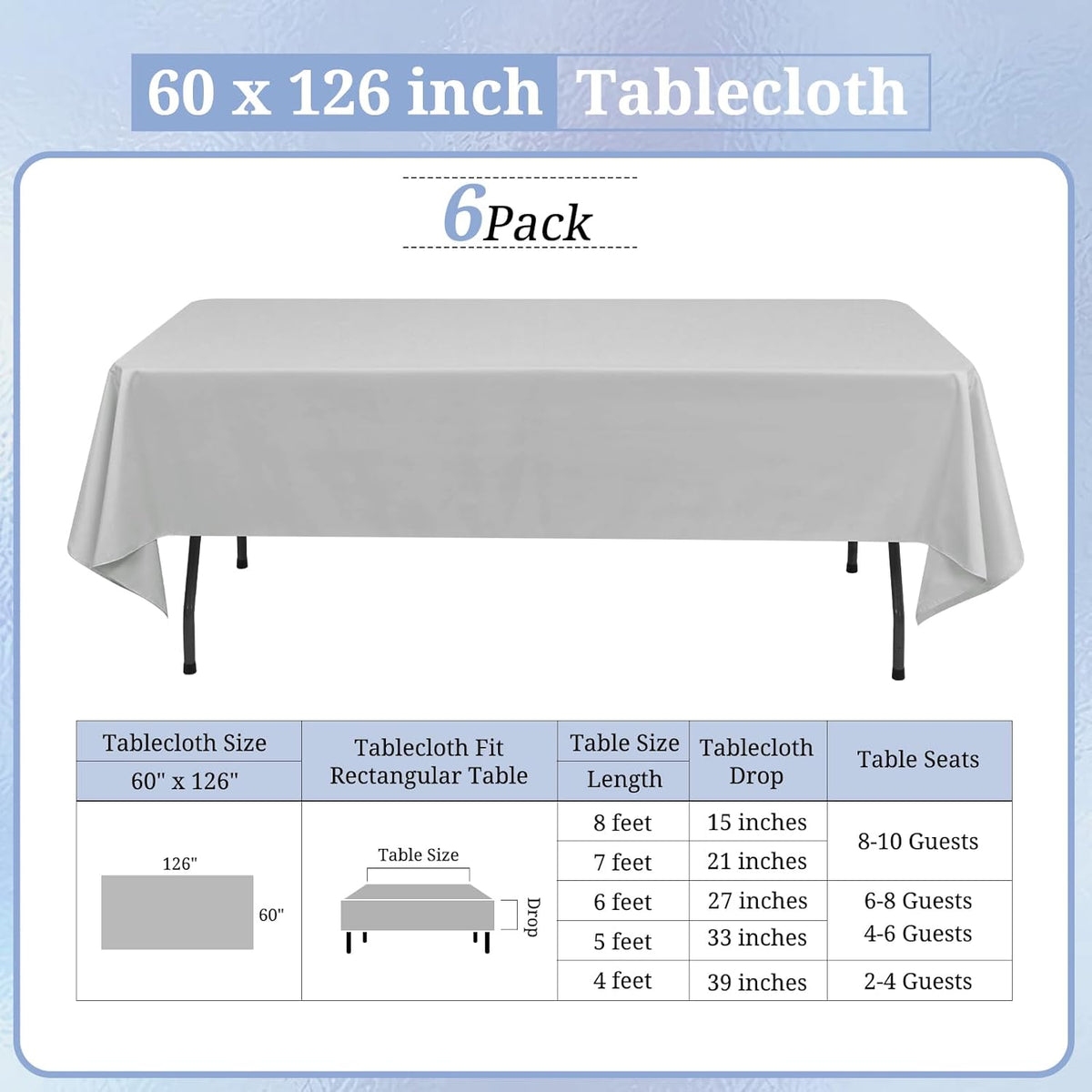 6 Pack Light Grey Rectangular Tablecloths, 60 x 126 Inch, Polyester/Fabric, Wrinkle & Stain Resistant, Classic Style, Perfect for 8ft Tables, Weddings, Banquets, Parties