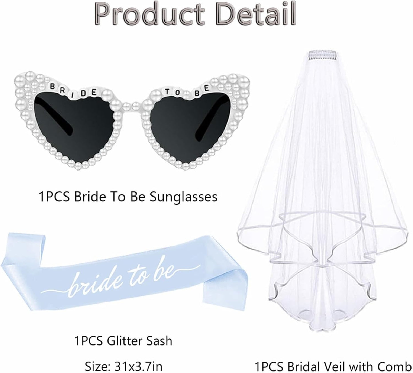 3PCS Blue Bride To Be Sash and Veils Bride to Be Heart Pearl Sunglasses for Bachelorette Bridal Shower Engagement Party Favors Accessories