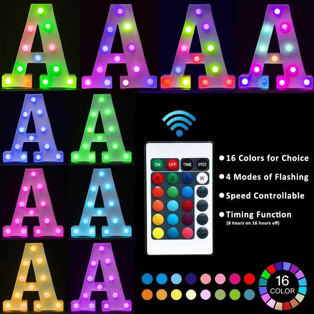 Pooqla Colorful LED Marquee Letter Lights with Remote – Light Up Marquee Signs – Party Bar Letters with Lights Decorations for The Home - Multicolor W