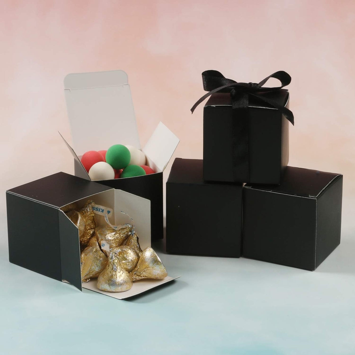 COTOPHER 100pcs Wedding Favor Boxes, Paper Gift Boxes 3x3x3 Inches Small Gift Boxes with Ribbons Small Boxes for Gifts, Crafting, Cupcake, Candy, Bridesmaid Proposal Boxes，Easy Assemble Boxes (Black)