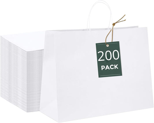GSSUSA 16x6x12 Inches Large Paper Bags with Handles, 200Pc White Paper Gift Bag, Recyclable Shopping Bags Kraft Paper Bag for Small Business, Party Favor, Craft Bag for Boutique