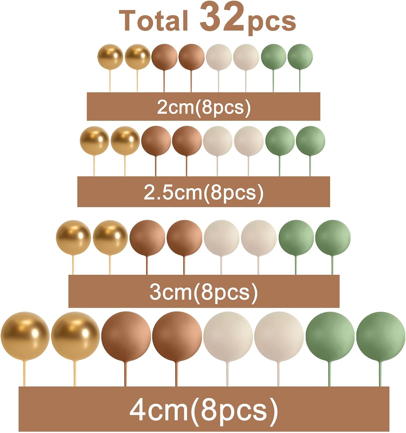 ASTARON 32 Pcs Ball Cake Topper Decorations Mini Balloons Cake Topper Sticks Foam Balls Cake Picks Cake Topper Balls Cake Decorations for Wedding Party Birthday Cake Decorating (Green Brown Gold)