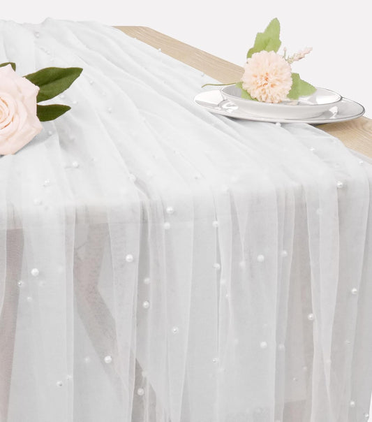 Pearl Table Runner 29 x 120 Inch Tulle Fabric Lace Table Runners Boho Rustic Tablecloth for Bridal Shower Birthday Party Wedding Arch Aisle Veil Dessert Table Decor(1 Pack, White)
