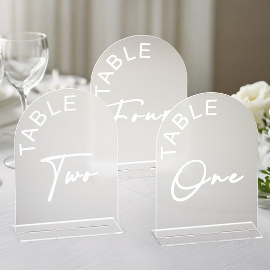 Frosted Arch Wedding Table Numbers 1-15 with Stands, 5x7 Inch Acrylic Arch Sign with Holder for Wedding Reception Table Centerpiece Decoration