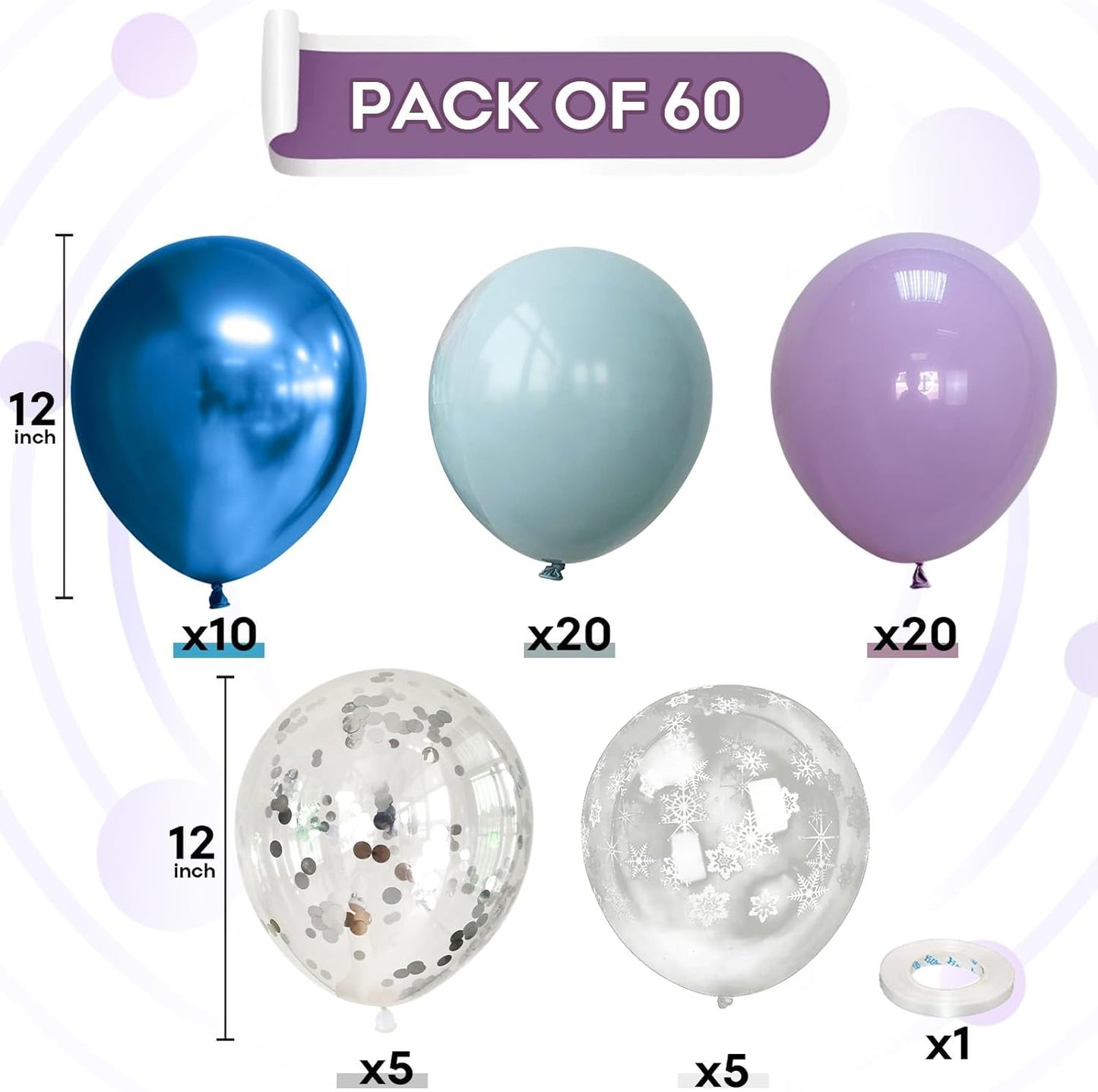 60Pcs Snowflake Balloons, Dusty Light Blue Purple Metallic Dark Blue Snowflake Clear Silver Confetti Latex Balloon for Girls Winter Wonderland Birthday Ice Baby Shower Christmas Party Decorations