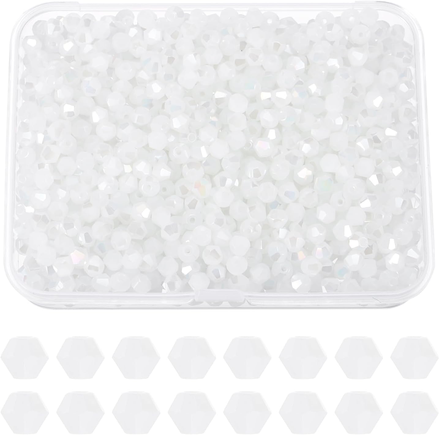 PATIKIL 1000pcs 4mm Bicone Glass Crystal Beads, Faceted Glass Spacer Beads with Box for Jewelry Making Bracelet Necklace Earrings DIY Suncatcher Craft, Pure White AB