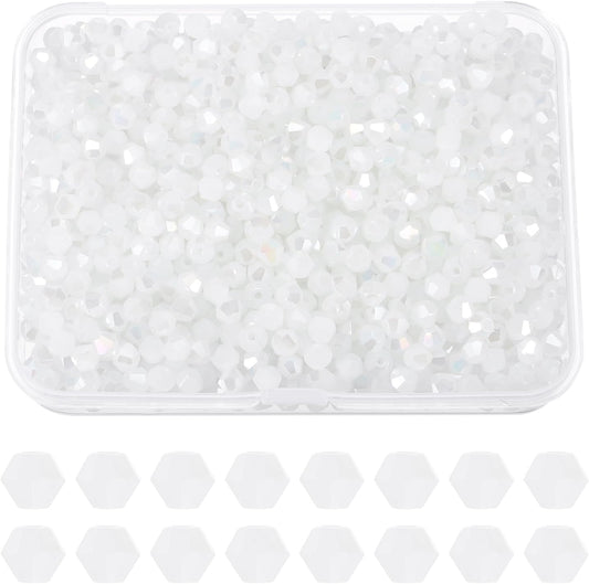 PATIKIL 1000pcs 4mm Bicone Glass Crystal Beads, Faceted Glass Spacer Beads with Box for Jewelry Making Bracelet Necklace Earrings DIY Suncatcher Craft, Pure White AB