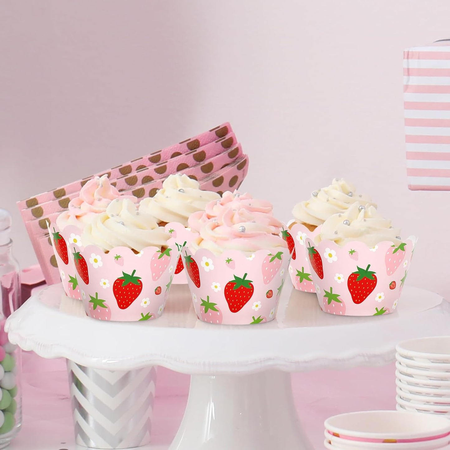 Whaline 36Pcs Strawberry Cupcake Wrappers Red Pink Strawberry Flower Cupcake Liners Decorative Cupcake Holders for Birthday Baby Shower Party Cake Decoration