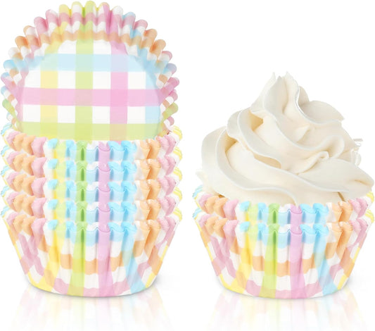 Whaline 300Pcs Pastel Plaid Paper Baking Cups Colorful Checkered Cupcake Liners Muffin Liner Cake Paper Cups Storage Container for Spring Party DIY Craft, 2x1.2 Inch