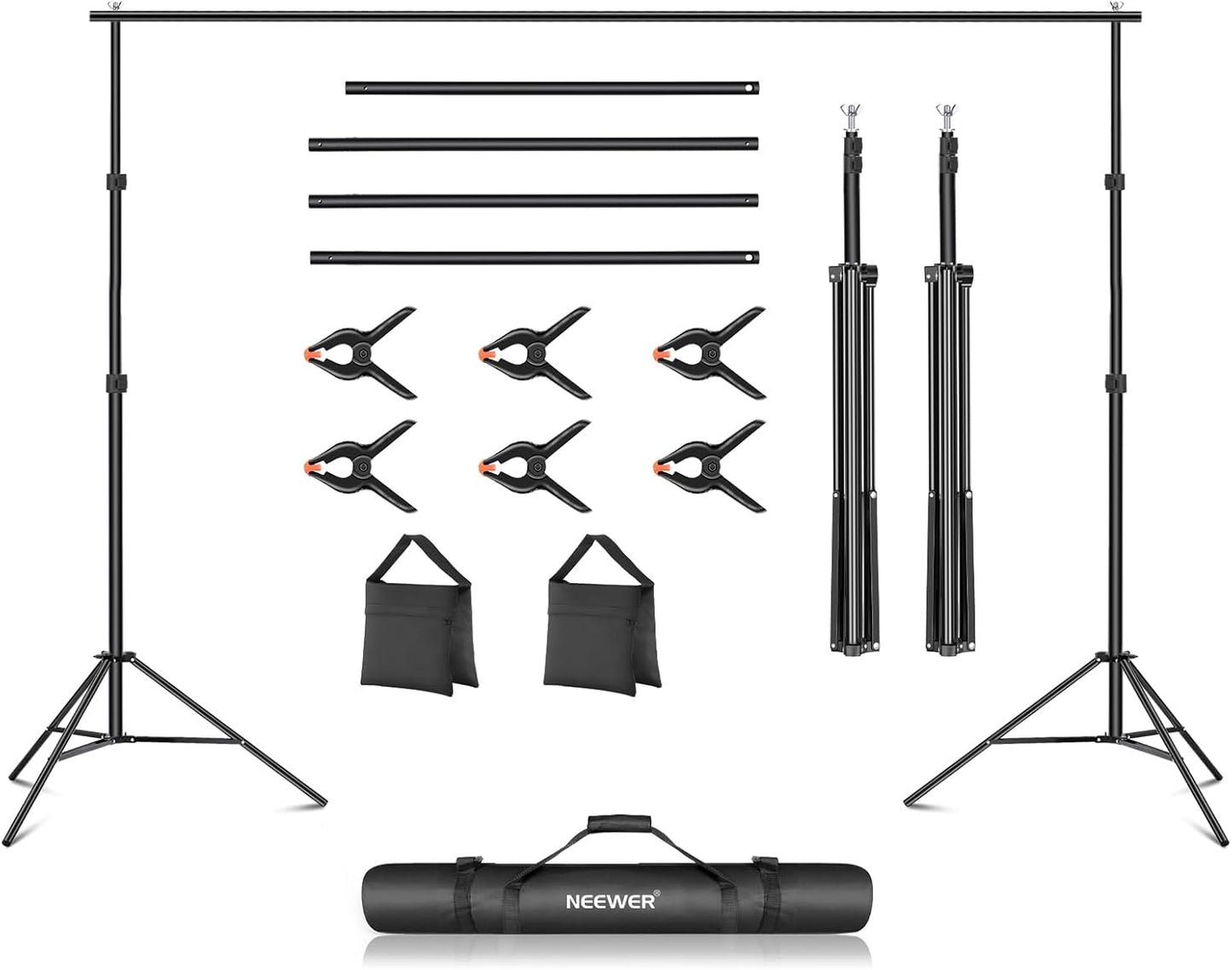 Neewer Photo Studio Backdrop Support System, 10ft/3m Wide 6.6ft/2m High Adjustable Background Stand with 4 Crossbars, 6 Backdrop Clamps, 2 Sandbags, and Carrying Bag for Portrait & Studio Photography