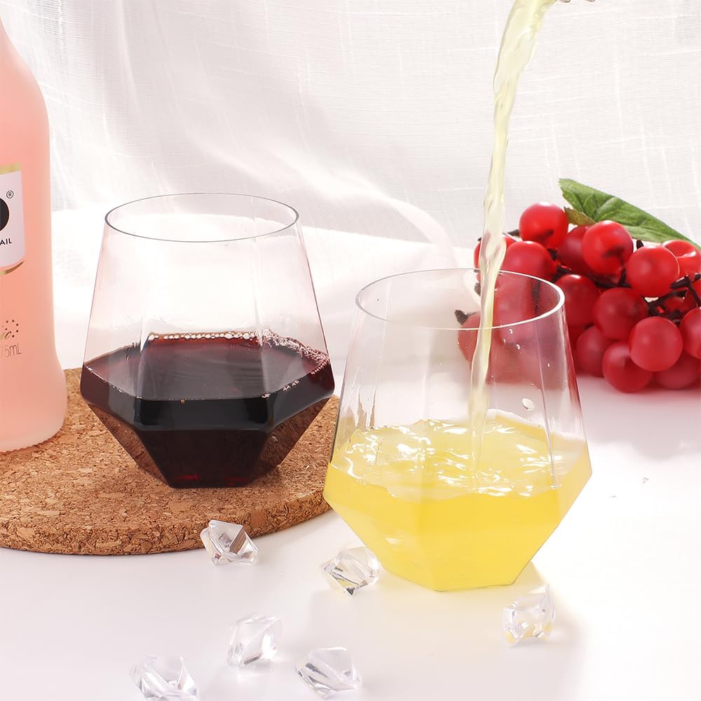 32pcs 12oz Disposable Wine Glasses Plastic Wine Glass Clear Plastic Stemless Unbreakable Shatterproof Glassware Recyclable Diamond Design
