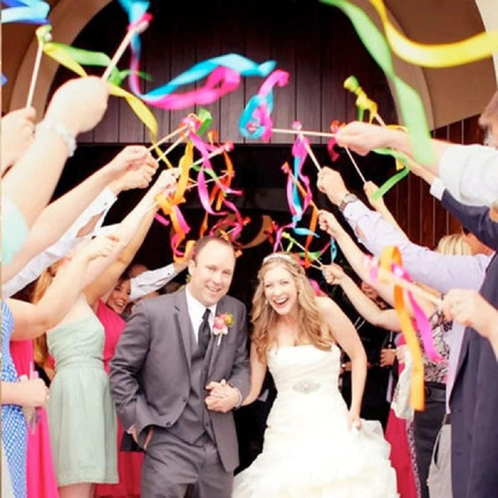 Kingsnow 100 Pieces Multi-Color Ribbon Wands Streamers Sticks with Gold Bell, Chromatic Silk Wish Wands Fairy Stick Party Rhythm Ribbon Streamers for Wedding Send Off Bridal Shower Party Photo Props