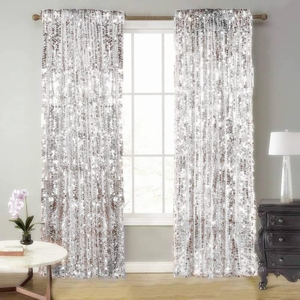 9FTx9FT Silver Big Sequin Backdrop Curtains Panels Drapes Home Party Supplies Sequin Background for Parties Shimmer Wall Backdrop Cloth and Thanksgiving Christmas