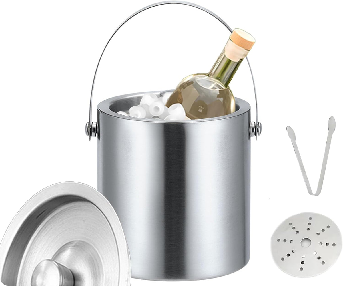 3L Stainless Steel Double-Wall Insulated Ice Bucket with Lid, Tongs & Strainer – Large Ice Bucket for Parties, Wine, Beer, Champagne & Cocktail Bar