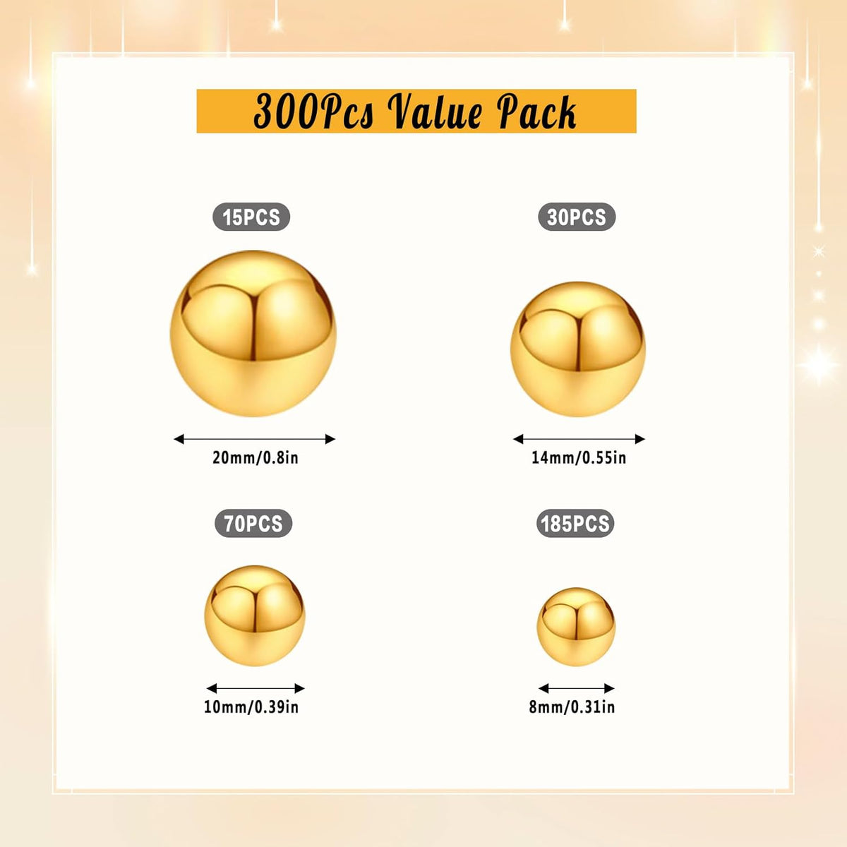 300Pcs Pearl Vase Filler, BrightGold No Hole Faux Pearl Beads for Centerpieces Vases, Candle Centerpieces, Wedding Birthday Party Home Decor 8/10/14/20mm
