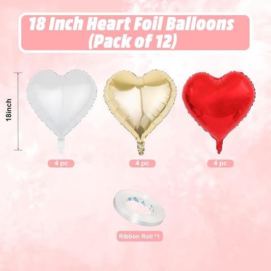 Red Gold Heart Balloons, 18 Inch Red White Champagne Gold Heart Shape Balloon, 12PCS White Helium Foil Love Balloon for Birthday Baby Shower Engagement Wedding Party Decoration