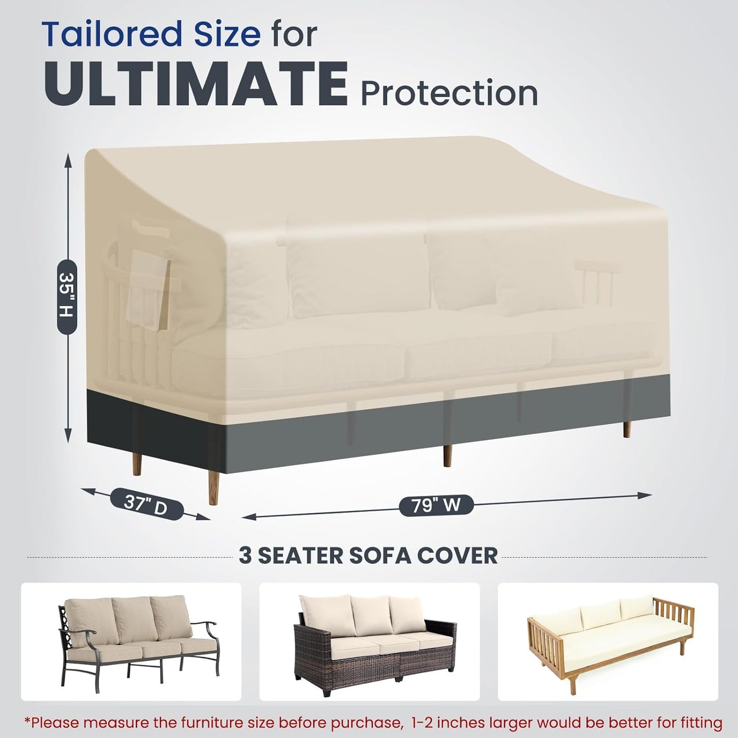 Extra Heavy Duty Outdoor Couch Cover Waterproof Up to 8000pa, Large 3-Seater Patio Sofa Cover, Lawn Patio Furniture Covers with Air Vent, 79" W x 37" D x 35"H