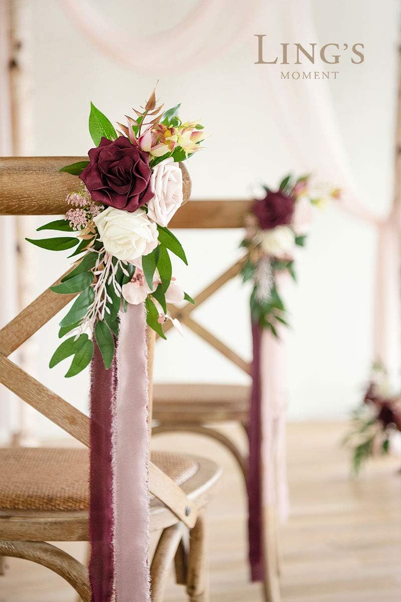 Ling's Moment 8pcs Aisle Pew Artificial Flowers Arrangements for Wedding Ceremony Chair Back Floral Decorations with Chiffon Ribbon Marsala Blush Pink Reception Church Rose Faux Hanging Party Outdoor
