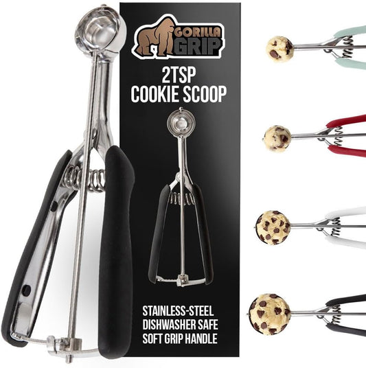 GORILLA GRIP Stainless Steel Cookie Scoop for Baking, 2 TSP, Multipurpose Melon Baller, Meatball Spring Scoops, Perfect Portion Sizes, Easy Food Release, Scooper Size 100, BPA-Free Kitchen Tool, Black