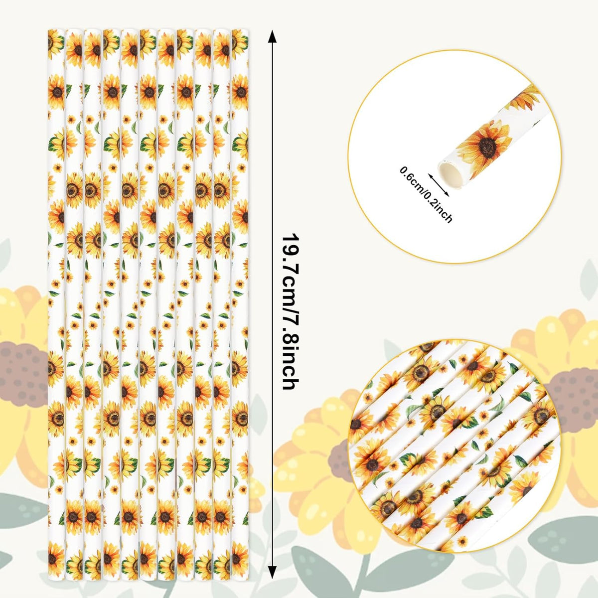 200Pcs Sunflower Paper Straws Watercolor Yellow Floral Disposable Drinking Straws Summer Party Straws for Juice Shake Cocktail Birthday Baby Shower Wedding Party Supplies