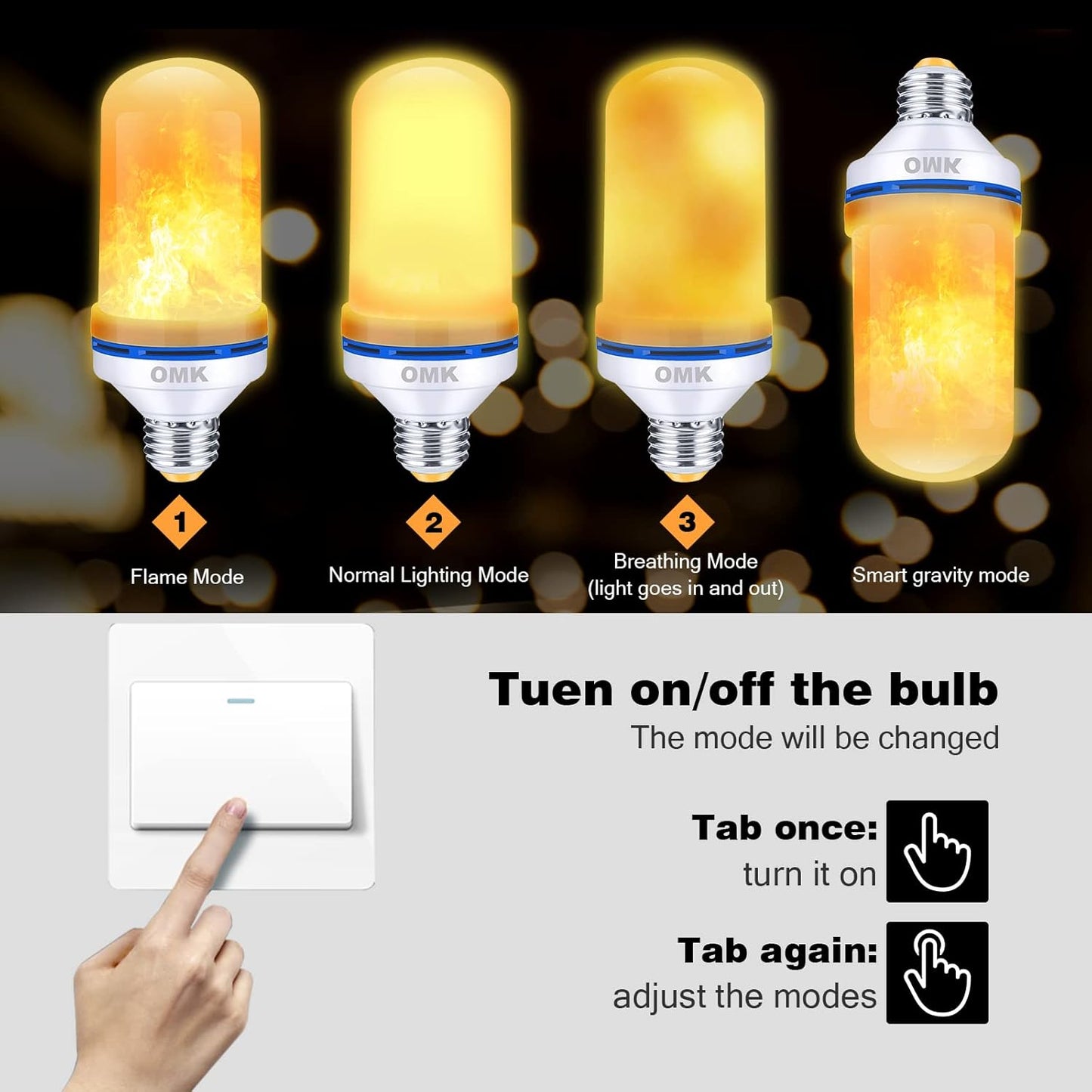 OMK 4 Pack Flickering Light Bulbs - Sunlight LED Flame Effect Light Bulbs with 4 Modes for Indoor/Outdoor Decor & Holiday Gifts
