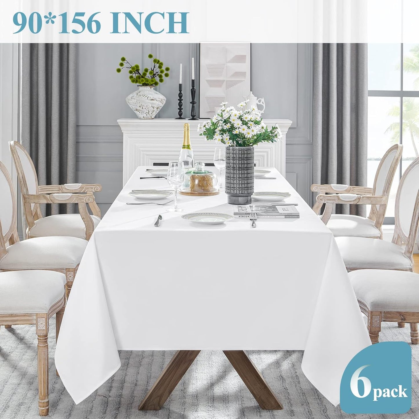 VidaFete Table Cloth 6 Pack 90*156inch Rectangle Tablecloth Polyester, Stain Resistant and Wrinkle Polyester Dining Table Cover for Kitchen Dinning Party Wedding Rectangular Tabletop Decoration(White)