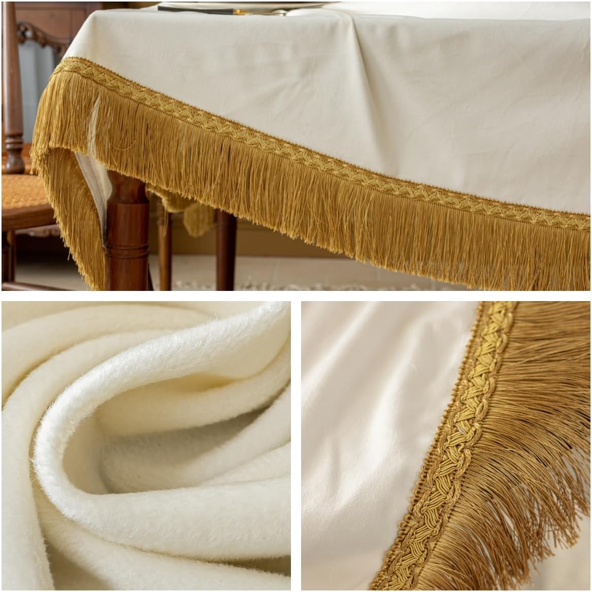 F-CHU Luxury White Tablecloth Thickset Velvet Tablecloth with Beautiful Gold Tassels Vintage Table Cloth for Home Decor Wedding, Party, Banquet and Events 60x102-Inch
