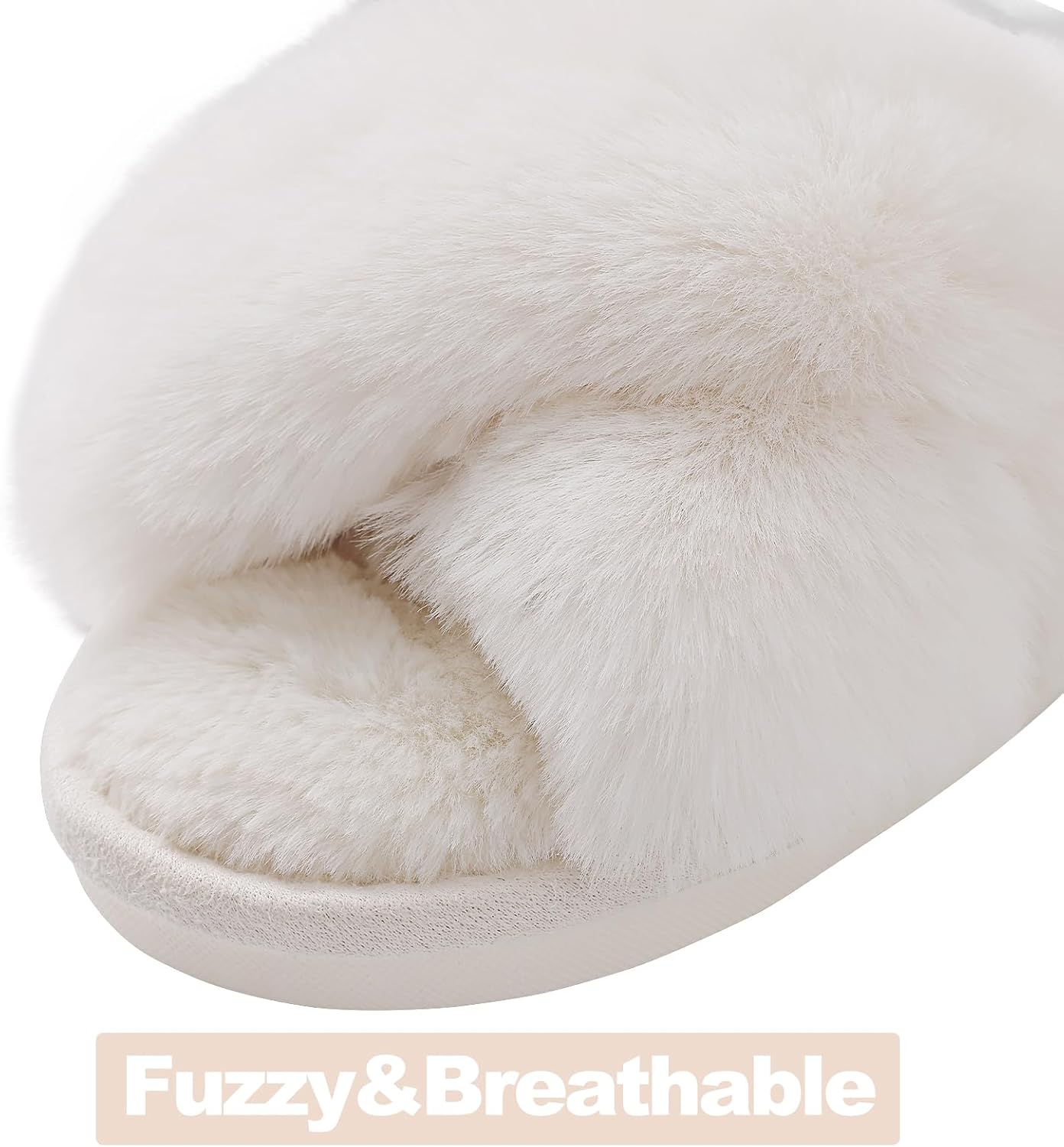Evshine Women's Fuzzy Slippers Cross Band Memory Foam House Slippers Open Toe