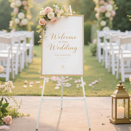 GRENTY 46.7" Easel Stand for Wedding Signs – No Assembly Needed, Heavy Duty Metal Display Stand for Art, Welcome Signs, Posters, Pictures, Paintings, and Floor Décor