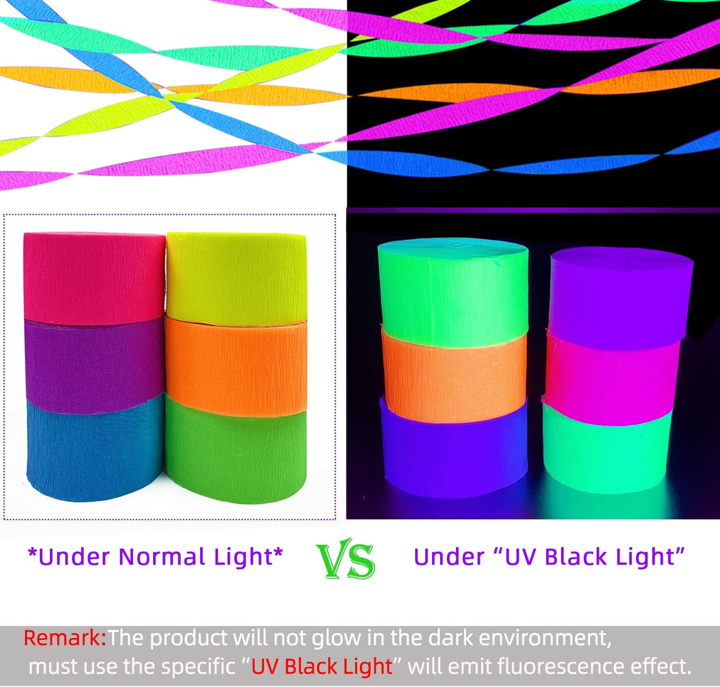 2016 feet Glow Party Neon Streamer Decorations Glow Crepe Paper Streamers UV Reactive Fluorescent Neon Paper Streamers Glow in the Dark Party Supplies and Decorations Wedding Birthday Blacklight Party