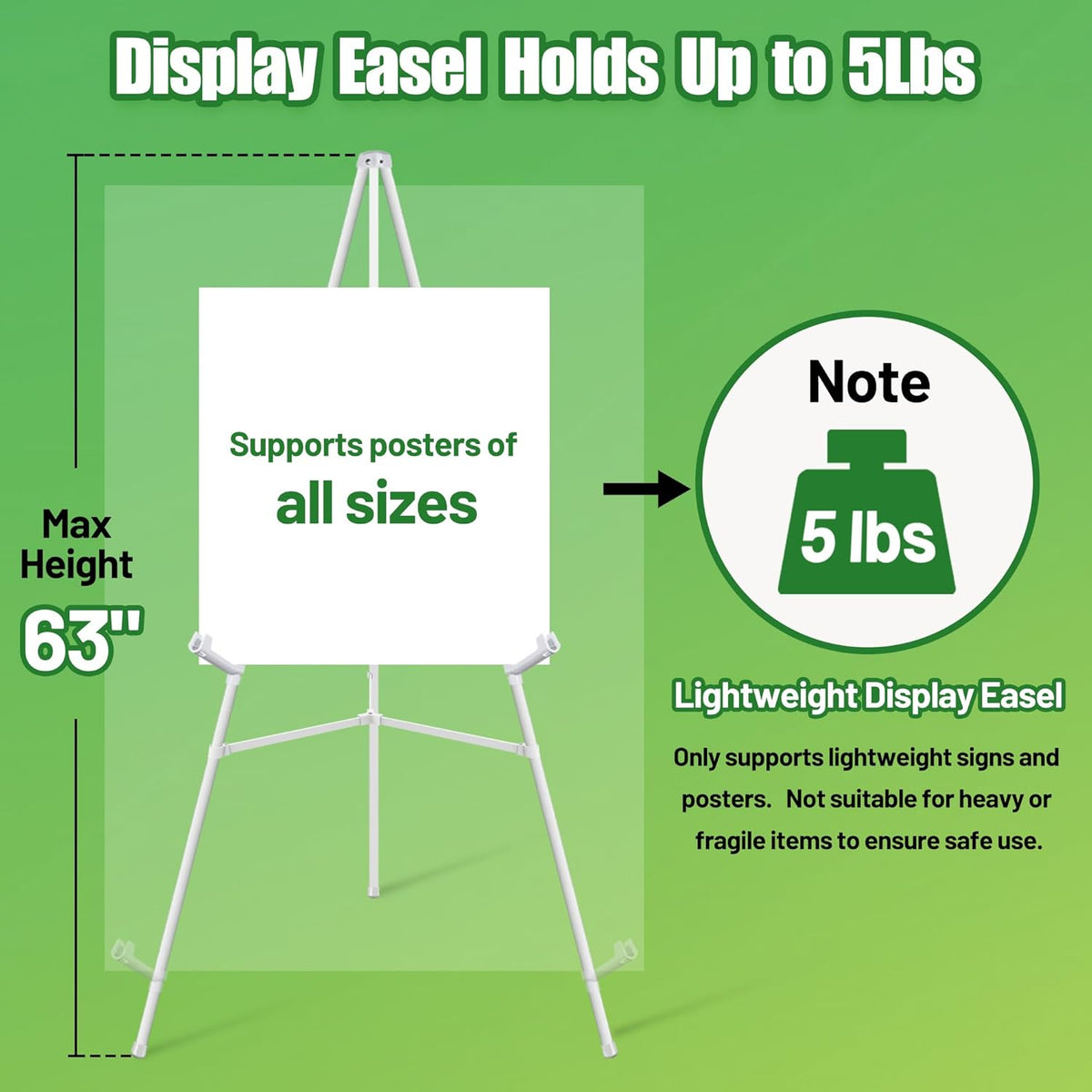 3 Pack White Easel Stand for Sign - 63" Adjustable Folding Floor Easels for Wedding Sign, Welcome Sign, Poster, Picture, Painting - Lightweight Portable Display Easels with Bags, Holds 5 lbs