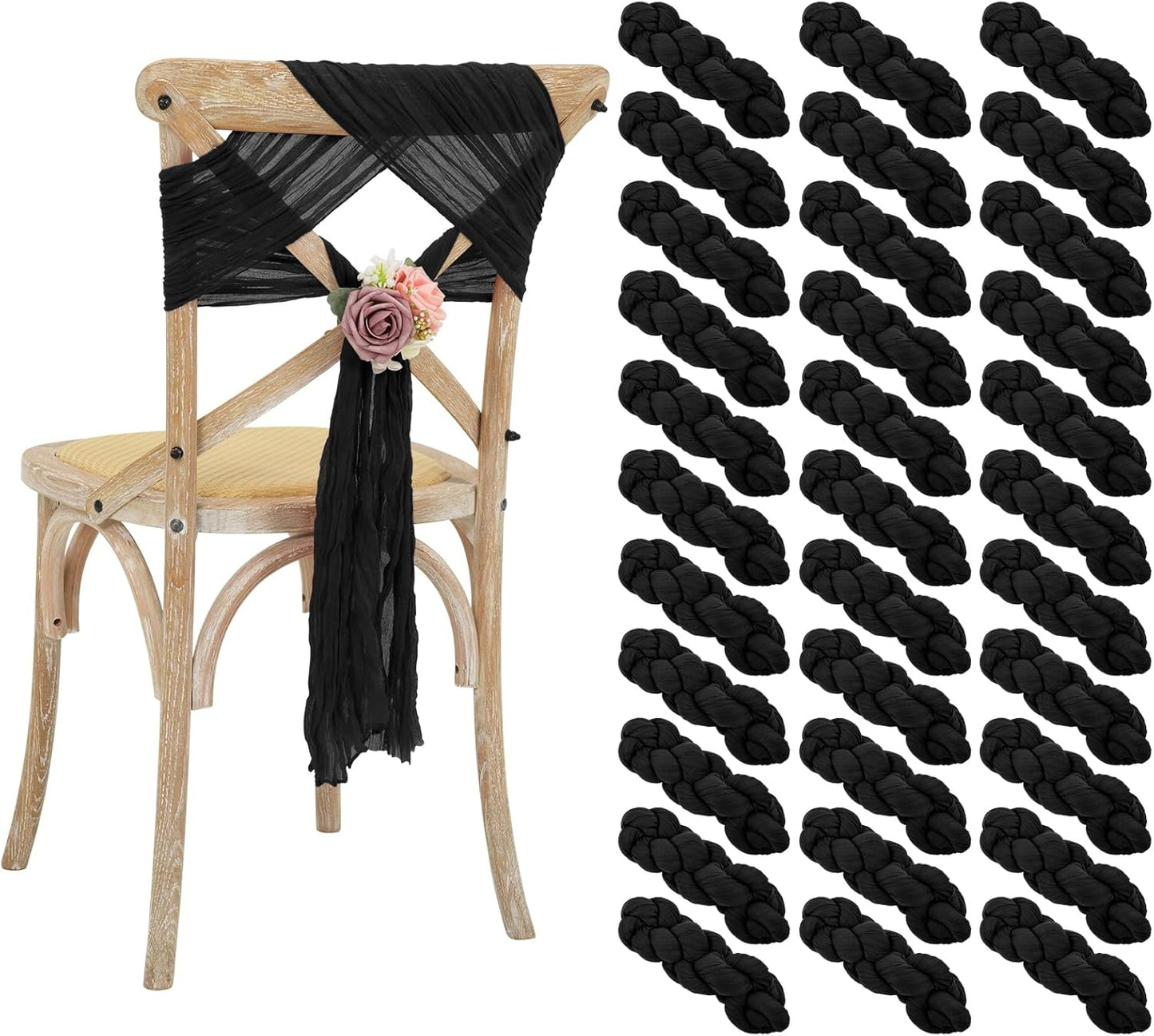 50 PCS Cheesecloth Chair Sashes Bows Wedding Aisle Decorations Chair Ribbon Ties Back Sash for Wedding Party Events Banquet Chair Cover Decoration (Black)