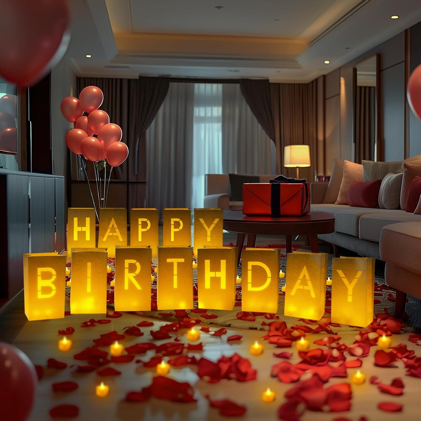 Homemory Happy Birthday Light Up Letters Luminary Bags with Flameless Candles and Fake Rose Petals, Happy Birthday Sign Party Decoration for Women Men
