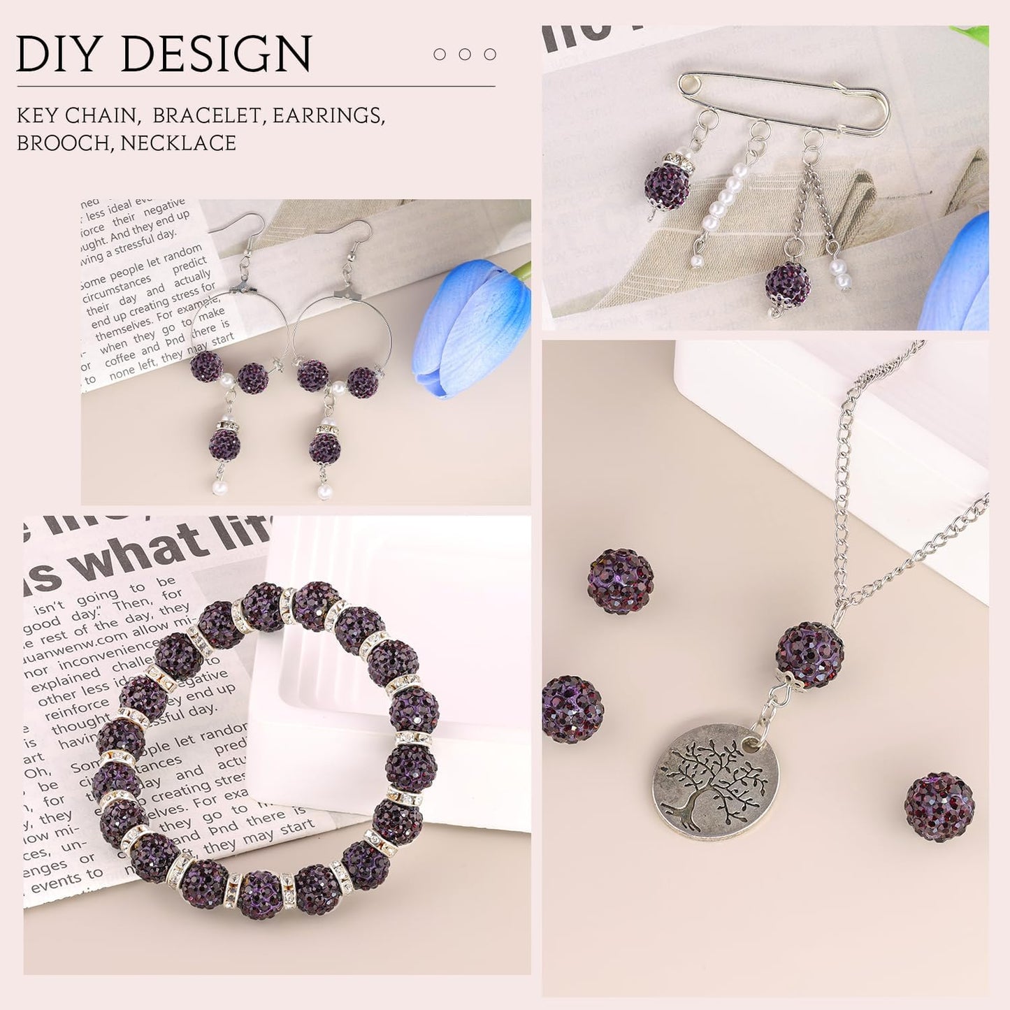 100pcs 10mm Rhinestone Beads for Jewelry Making, Dark Purple Shiny Round Shamballa Disco Beads Bulk, Sparkle Crystal Clay Christmas for Bracelet Baseball Necklace Earring Crafting and DIY