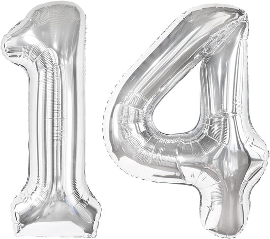 40 Inch Silver Large Number 14 Birthday Balloon, Giant Number 14 41 Balloons, Foil Mylar Big Balloons for Anniversary Graduation Supplies Decorations