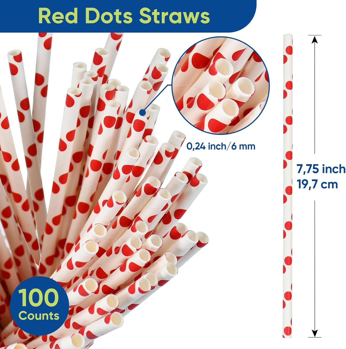 7.75'' x 0.24'' Red Polka Dots Disposable Paper Straws for Drinking, Compostable, 100 Counts - for Cocktail, Soda, Juice, Milk, Water