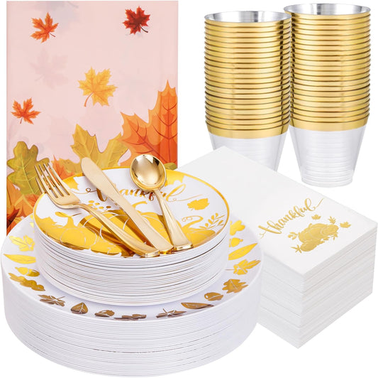 Festiva 176Pcs Thanksgiving Plastic Plates - Heavy Duty Thanksgiving Plates - Thanksgiving Disposable Dinnerware Set include 50 Plates,75 Silverware, 25 Cups, 25 Pumpkins Napkins, 1Tablecloth