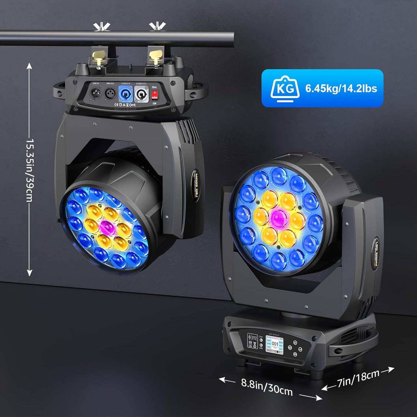19x10W Moving Head Light Focusing/Beam/Wash/Zoom Effect Stage Lights 4-in-1 LED DMX512 & Sound Activated Control for DJ Disco Nightclub KTV Bar Theater Shopping Mall (6 PCS