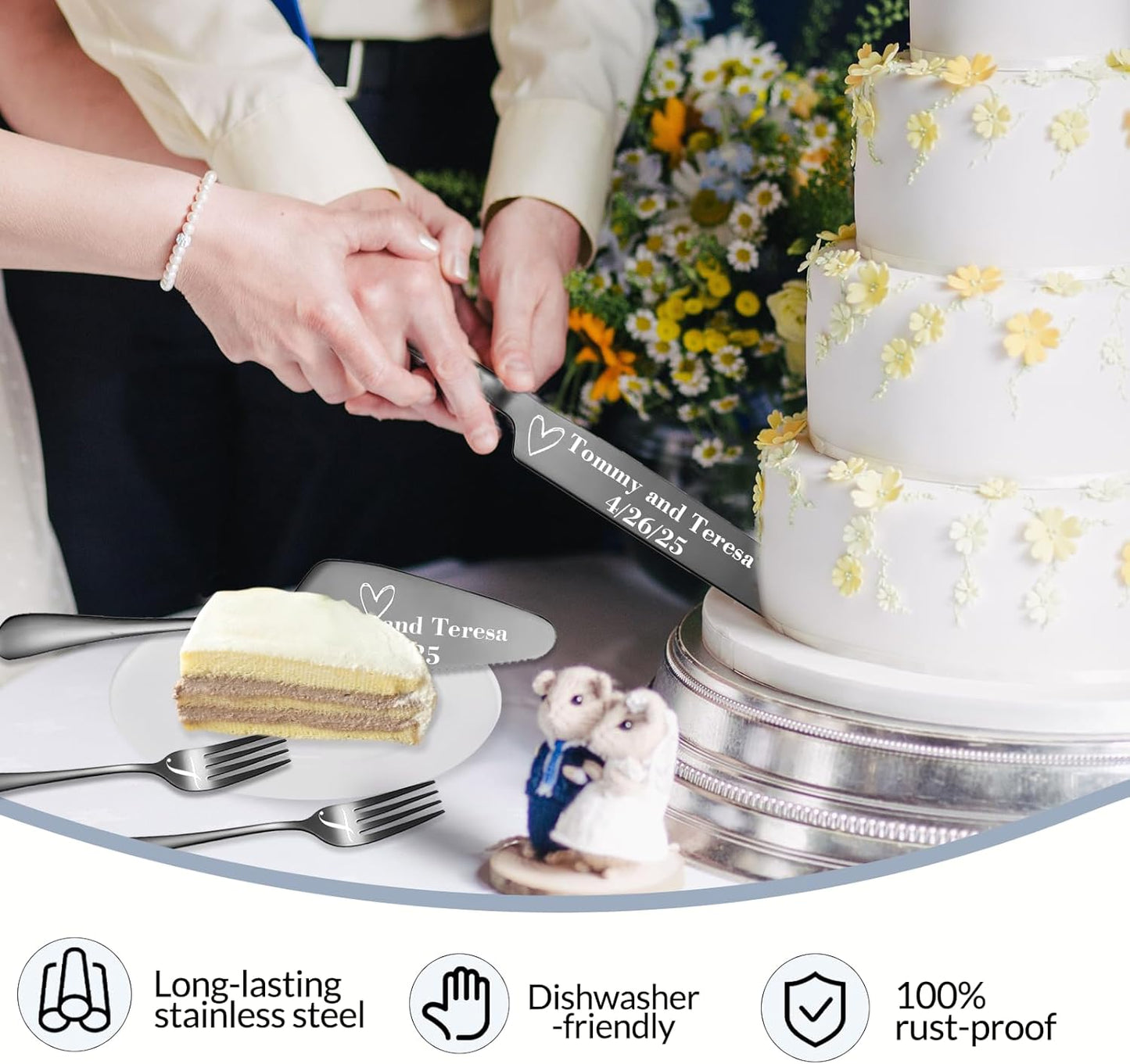 Personalized Wedding Cake Knife and Server Set, Custom Names Cake Cutting Set with Stainless Steel Forks, Customized Bridal Anniversary Birthday Wedding Registry Gifts (Black)