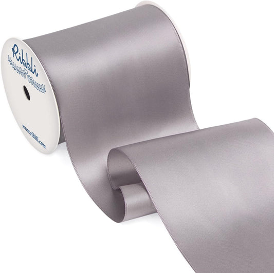 Ribbli Silver Satin Ribbon 4 Inch Wide Silver Ribbon for Wedding Chair Sash Grand Opening Ceremony Big Bows Gift Wrapping Floral Crafts Cake Decor-Double Faced Satin Continuous 10 Yards