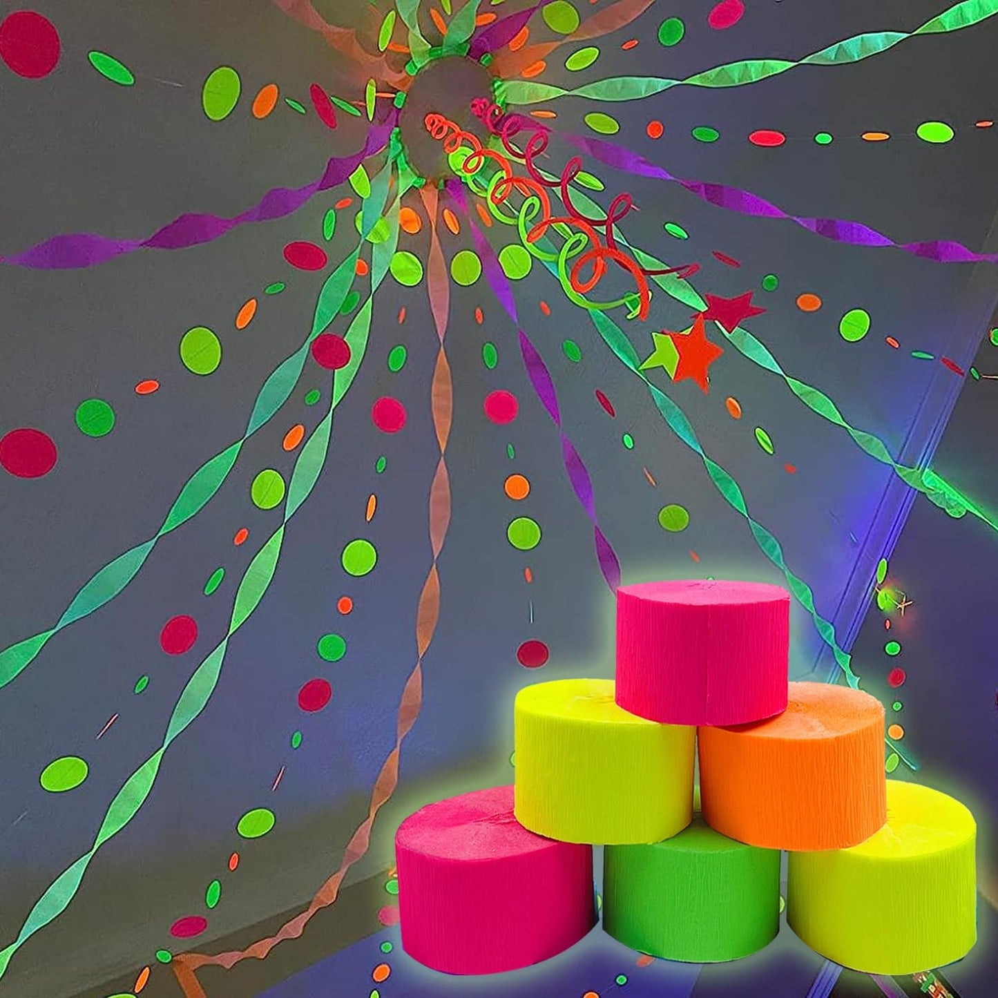 400 feet Glow Party Neon Streamer Decorations Glow Crepe Paper Streamers UV Reactive Fluorescent Neon Paper Streamers Glow in The Dark Party Supplies and Decorations Wedding Birthday Blacklight Party