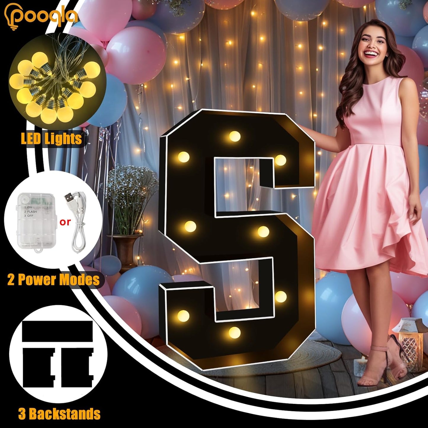 Pooqla 3FT Marquee Light Up Letters, Black LED Party Decor Large Marquee Letters 3 Feet Tall, Giant Mosaic Letter for Birthday Graduation Anniversary Wedding Decoration, Letter V